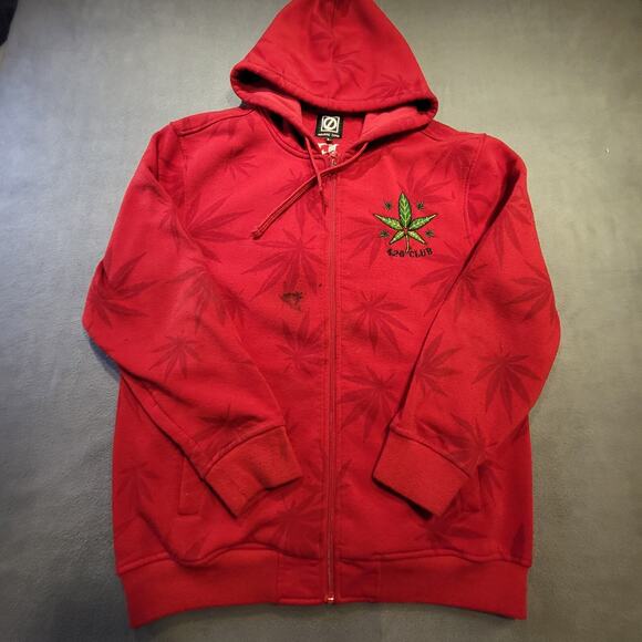 Fresh Kush Mens Large Red Full Zip Hoodie Embroidered All Over Print Sweatshirt - Picture 2 of 10